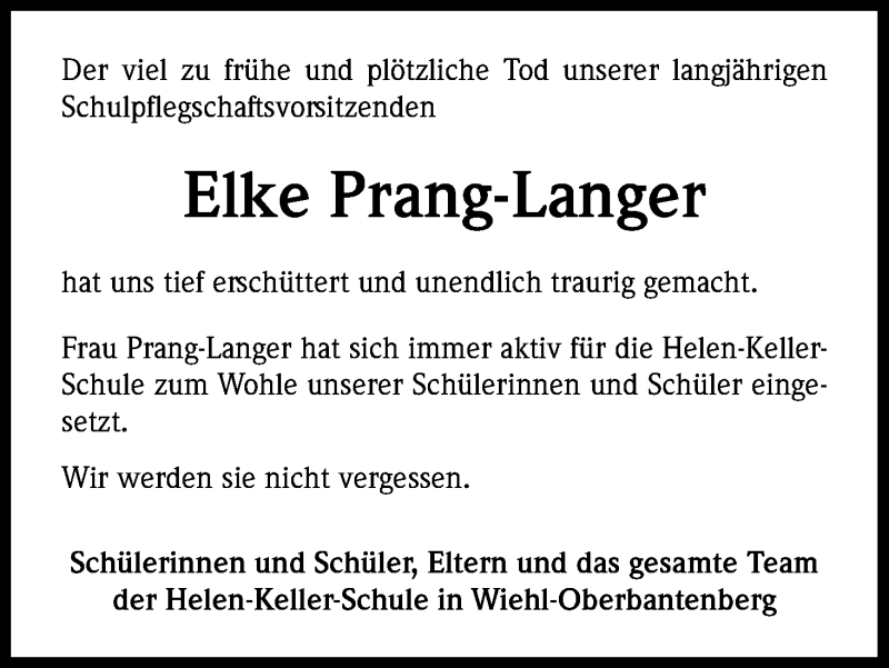  Traueranzeige für Elke Prang-Langer vom 04.06.2016 aus Kölner Stadt-Anzeiger / Kölnische Rundschau / Express