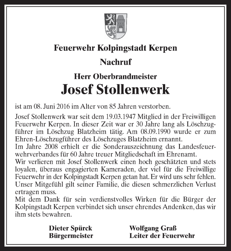  Traueranzeige für Josef Stollenwerk vom 22.06.2016 aus  Werbepost 