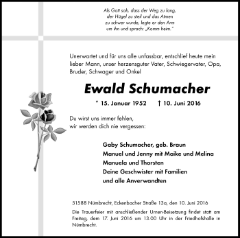 Anzeige von Ewald Schumacher von Kölner Stadt-Anzeiger / Kölnische Rundschau / Express