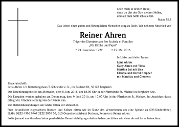 Anzeige von Reiner Ahren von Kölner Stadt-Anzeiger / Kölnische Rundschau / Express