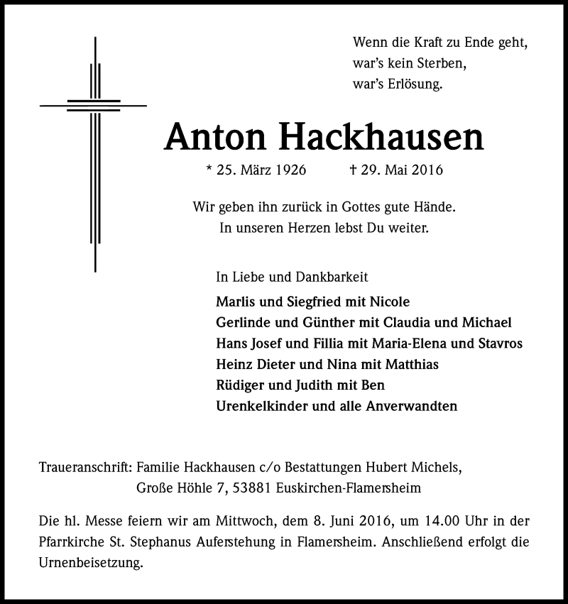 Traueranzeige für Anton Hackhausen vom 04.06.2016 aus Kölner Stadt-Anzeiger / Kölnische Rundschau / Express