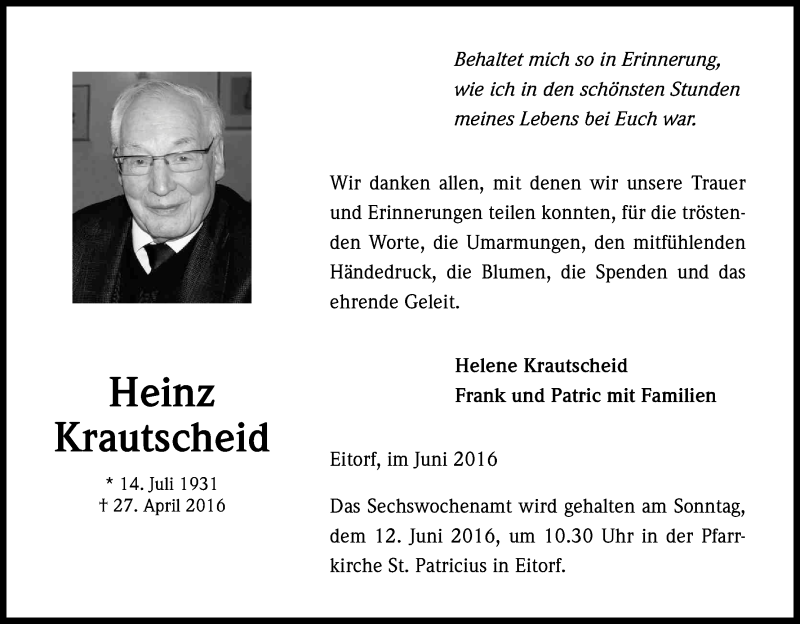  Traueranzeige für Heinz Krautscheid vom 04.06.2016 aus Kölner Stadt-Anzeiger / Kölnische Rundschau / Express