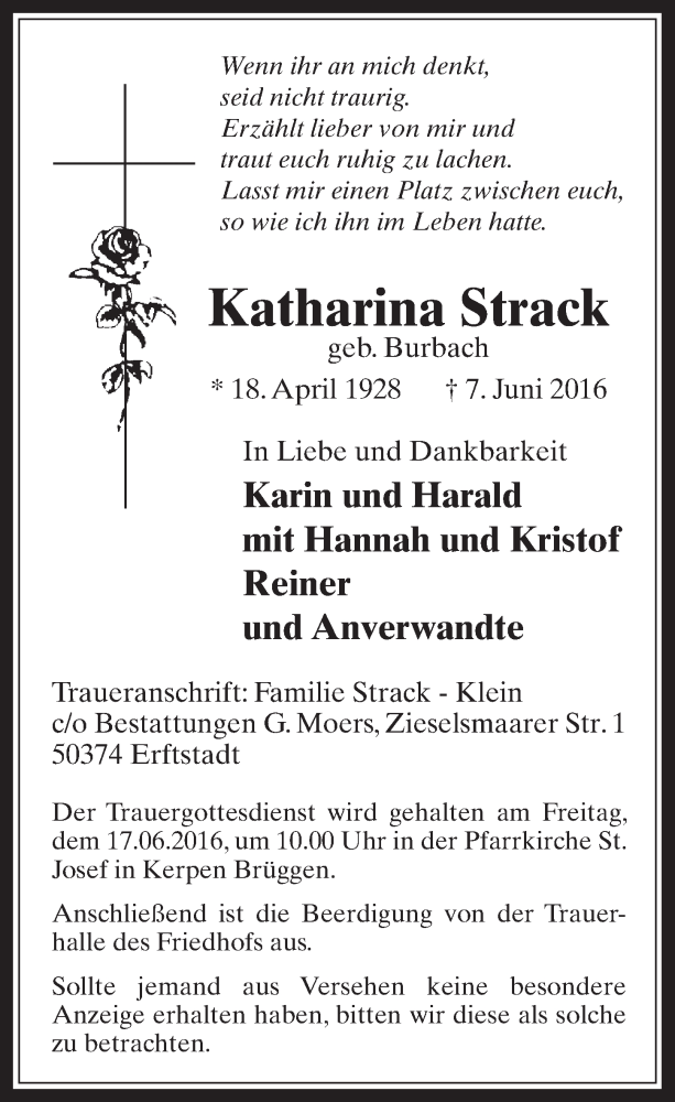  Traueranzeige für Katharina Strack vom 15.06.2016 aus  Werbepost 