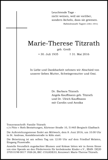 Anzeige von Marie-Therese Titzrath von Kölner Stadt-Anzeiger / Kölnische Rundschau / Express