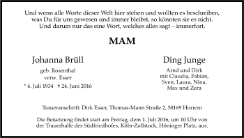 Anzeige von Johanna Brüll von Kölner Stadt-Anzeiger / Kölnische Rundschau / Express