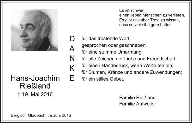  Traueranzeige für Hans-Joachim Rießland vom 29.06.2016 aus  Bergisches Handelsblatt 