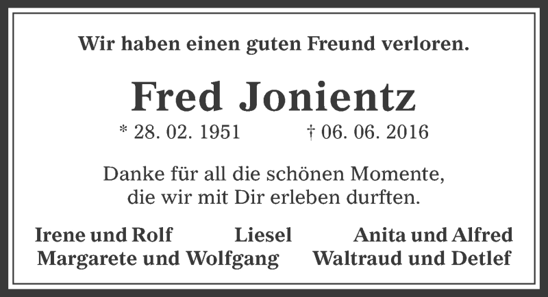  Traueranzeige für Fred Jonientz vom 15.06.2016 aus  Werbepost 