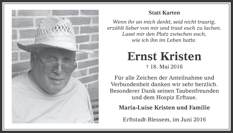  Traueranzeige für Ernst Kristen vom 22.06.2016 aus  Werbepost 