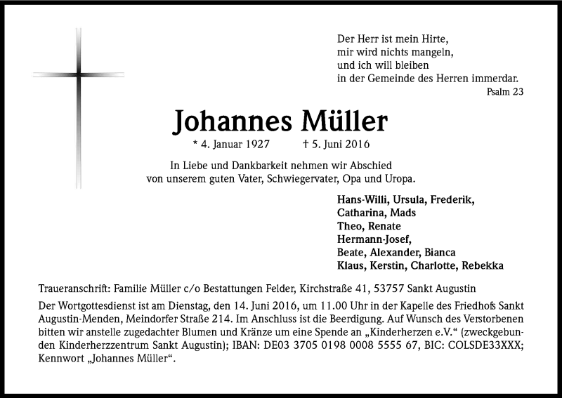  Traueranzeige für Johannes Müller vom 09.06.2016 aus Kölner Stadt-Anzeiger / Kölnische Rundschau / Express