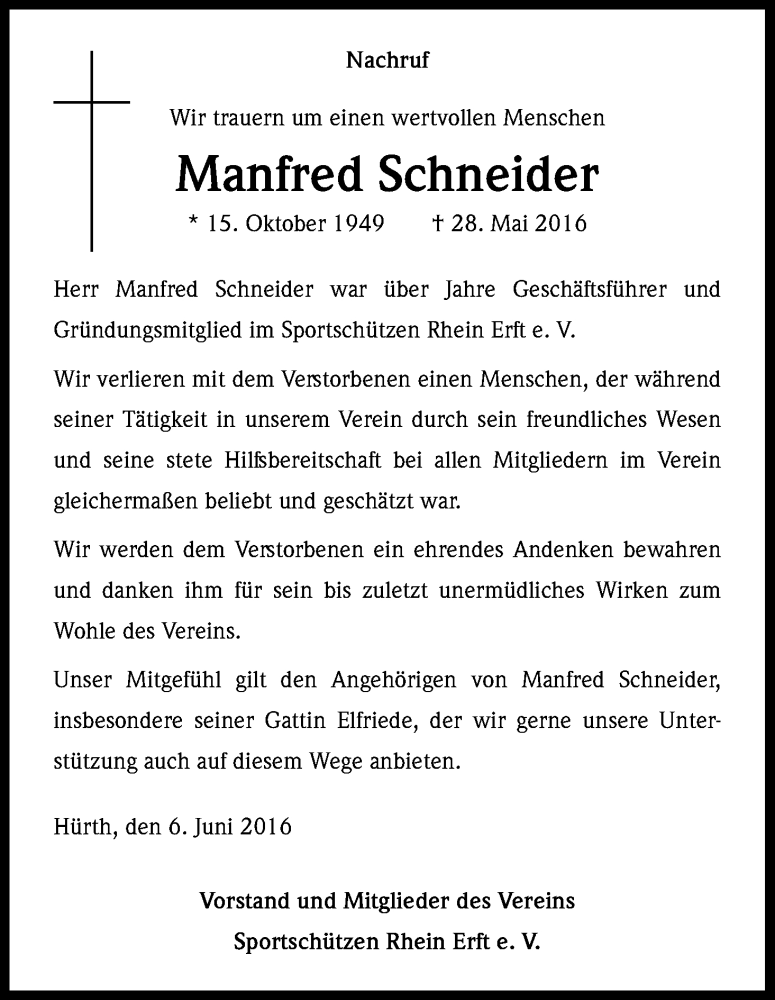  Traueranzeige für Manfred Schneider vom 06.06.2016 aus Kölner Stadt-Anzeiger / Kölnische Rundschau / Express