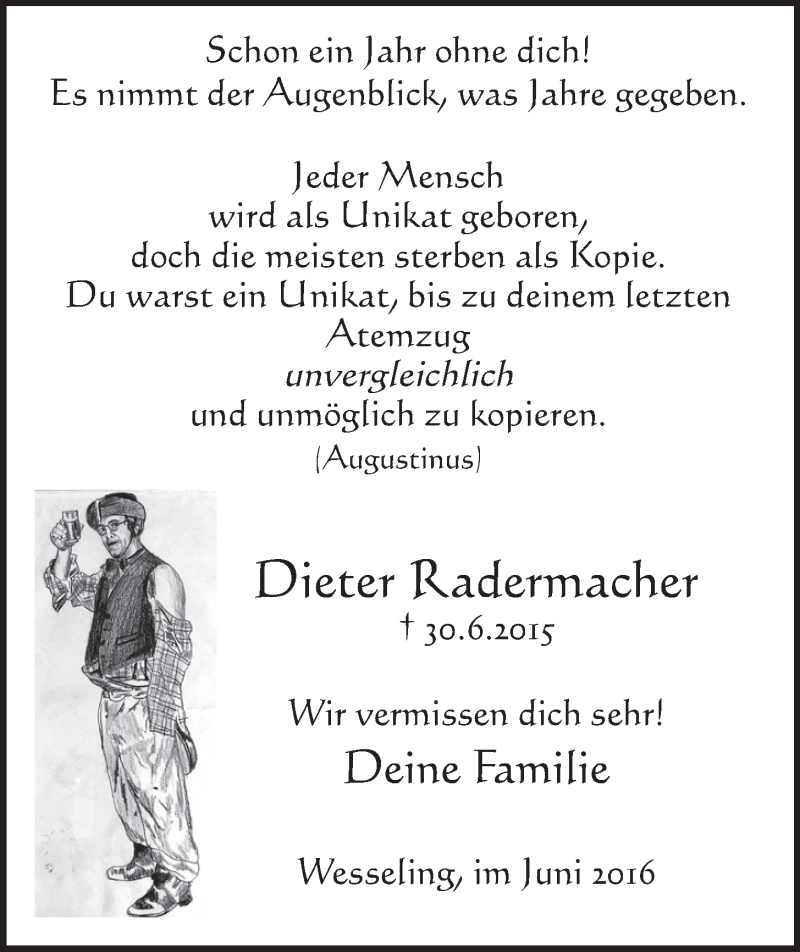  Traueranzeige für Dieter Radermacher vom 29.06.2016 aus  Schlossbote/Werbekurier 