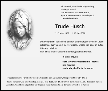 Anzeige von Trude Hüsch von Kölner Stadt-Anzeiger / Kölnische Rundschau / Express