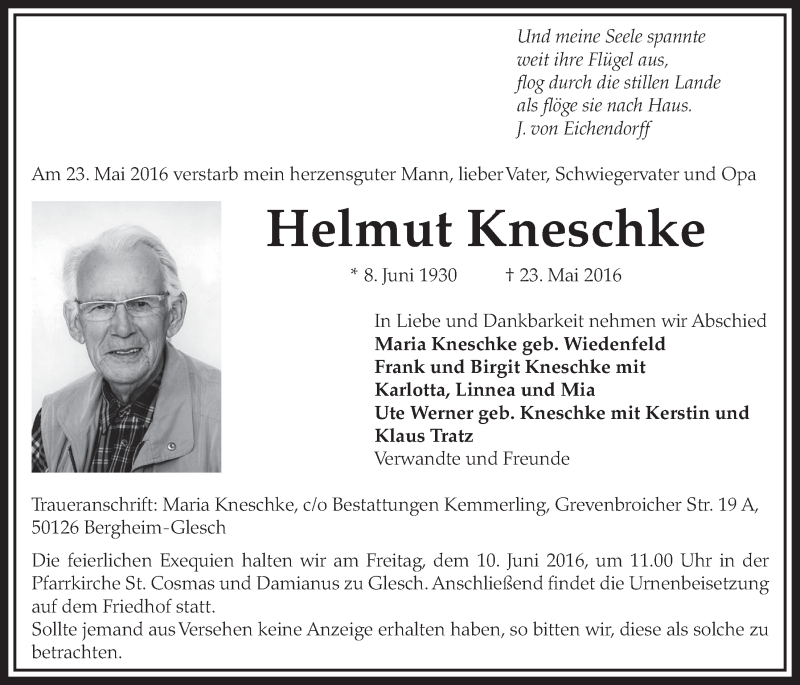  Traueranzeige für Helmut Kneschke vom 04.06.2016 aus  Sonntags-Post 