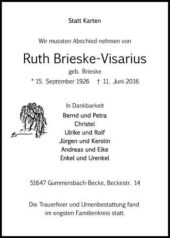Anzeige von Ruth Brieske-Visarius von Kölner Stadt-Anzeiger / Kölnische Rundschau / Express