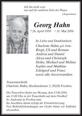 Anzeige von Georg Hahn von  Wochenende 