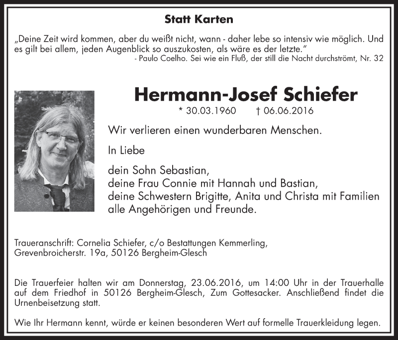  Traueranzeige für Hermann-Josef Schiefer vom 18.06.2016 aus  Sonntags-Post 