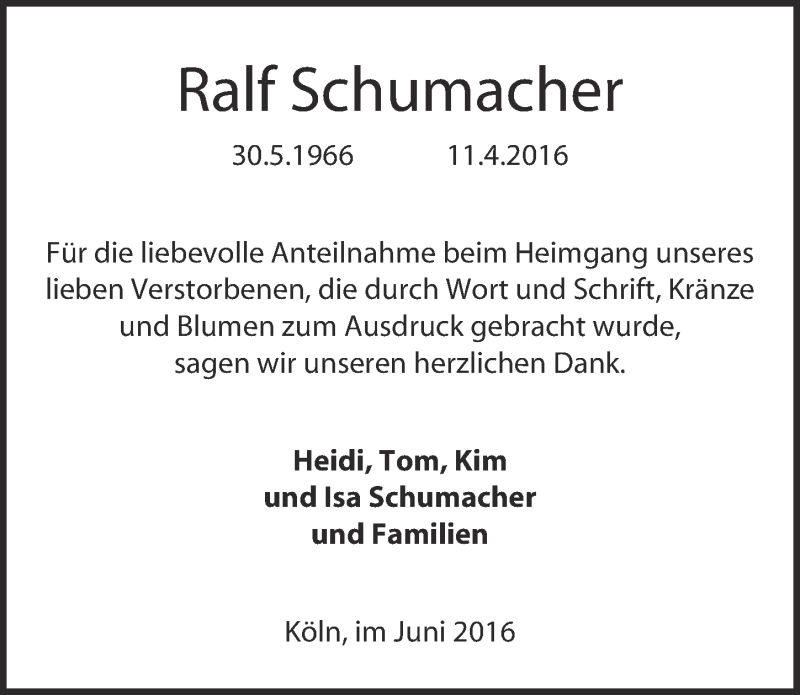  Traueranzeige für Ralf Schumacher vom 29.06.2016 aus  Kölner Wochenspiegel 