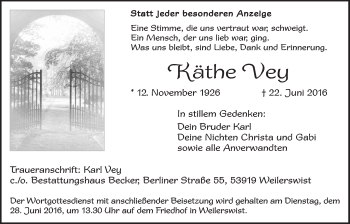 Anzeige von Käthe Vey von  Blickpunkt Euskirchen 