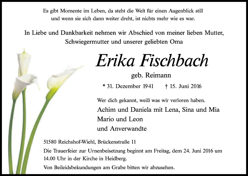  Traueranzeige für Erika Fischbach vom 18.06.2016 aus Kölner Stadt-Anzeiger / Kölnische Rundschau / Express
