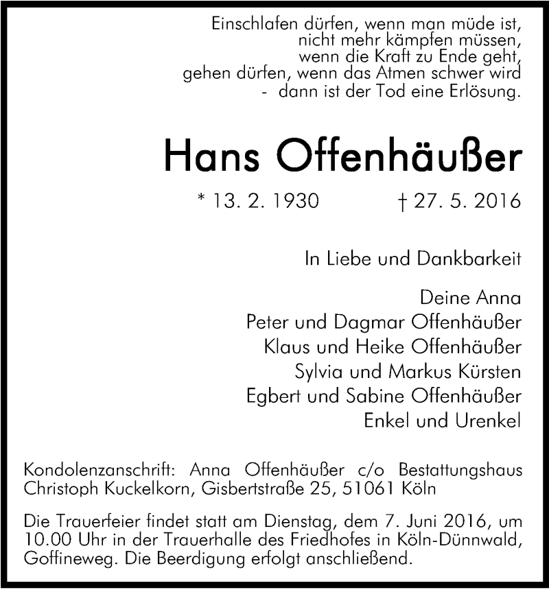  Traueranzeige für Hans Offenhäußer vom 02.06.2016 aus Kölner Stadt-Anzeiger / Kölnische Rundschau / Express