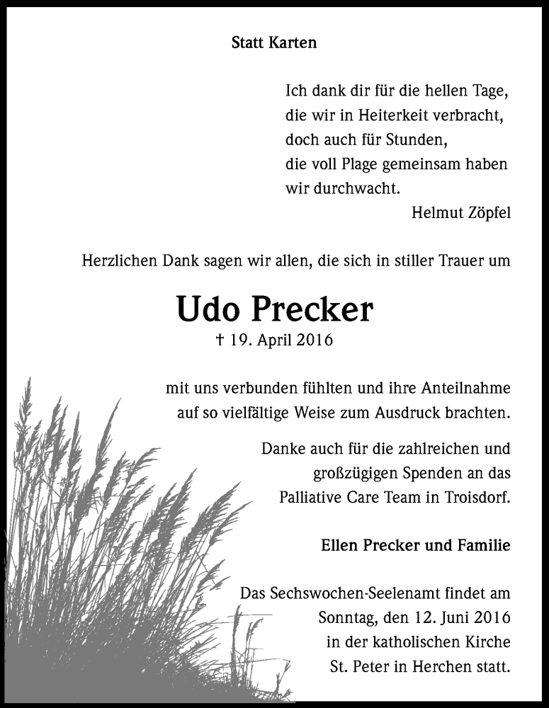  Traueranzeige für Udo Precker vom 07.06.2016 aus Kölner Stadt-Anzeiger / Kölnische Rundschau / Express