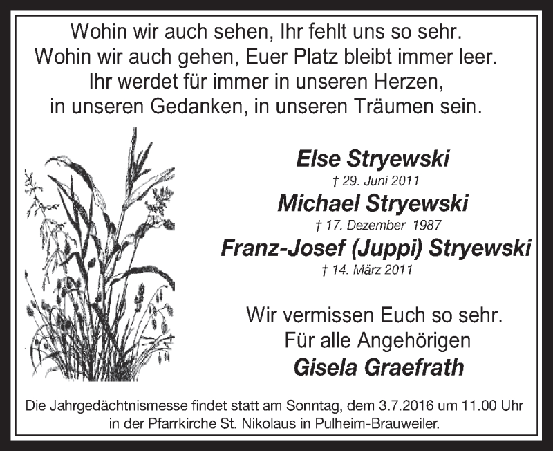  Traueranzeige für Else Stryewski vom 29.06.2016 aus  Wochenende 