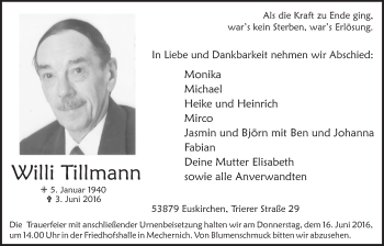 Anzeige von Willi Tipmann von  Blickpunkt Euskirchen 