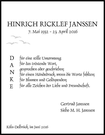 Anzeige von Hinrich Ricklef Janssen von Kölner Stadt-Anzeiger / Kölnische Rundschau / Express