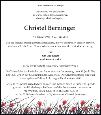 Anzeige von Christel Berninger von Kölner Stadt-Anzeiger / Kölnische Rundschau / Express