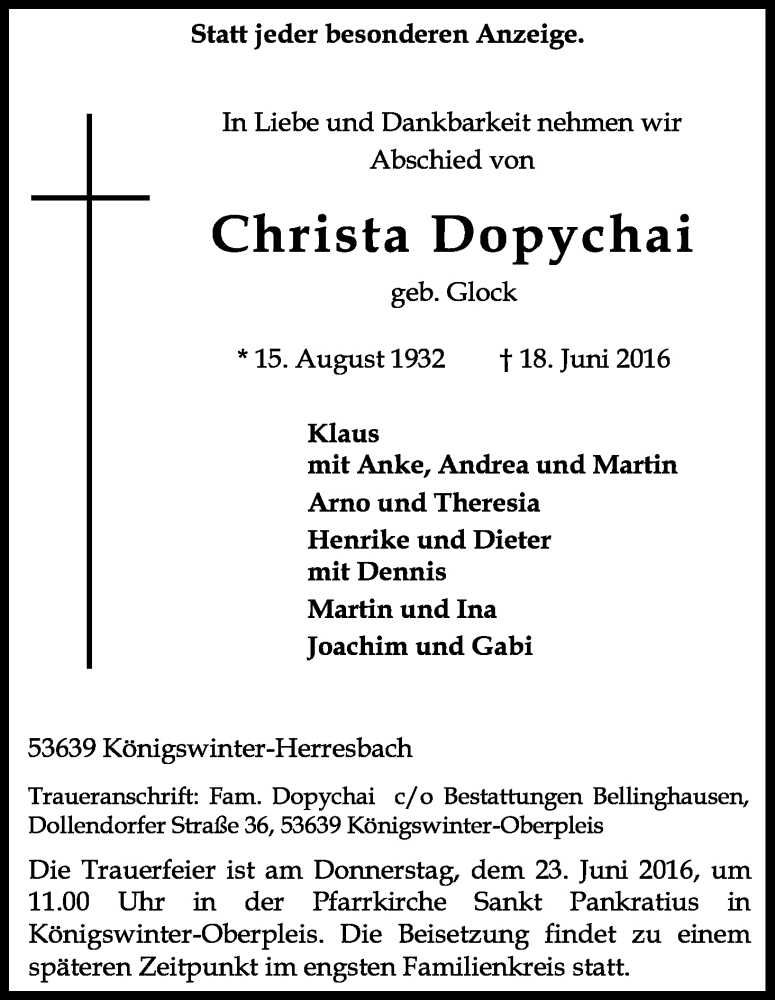  Traueranzeige für Christa Dopychai vom 22.06.2016 aus Kölner Stadt-Anzeiger / Kölnische Rundschau / Express