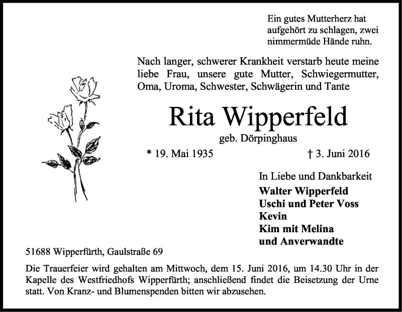  Traueranzeige für Rita Wipperfeld vom 10.06.2016 aus Kölner Stadt-Anzeiger / Kölnische Rundschau / Express