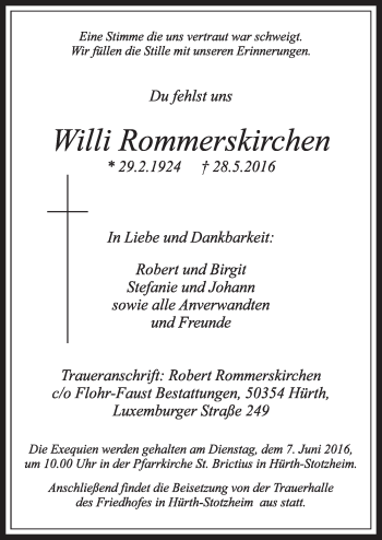 Anzeige von Willi Rommerskirchen von  Sonntags-Post 