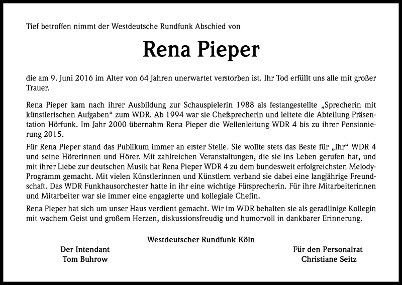  Traueranzeige für Rena Pieper vom 17.06.2016 aus Kölner Stadt-Anzeiger / Kölnische Rundschau / Express