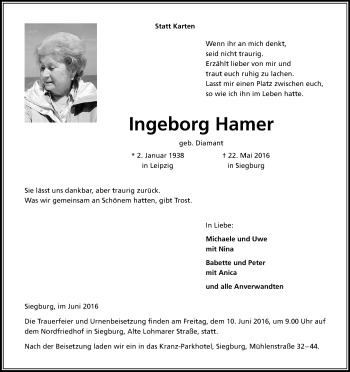 Anzeige von Ingeborg Hamer von Kölner Stadt-Anzeiger / Kölnische Rundschau / Express
