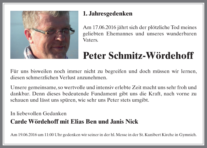  Traueranzeige für Peter Schmitz-Wördehoff vom 15.06.2016 aus  Werbepost 