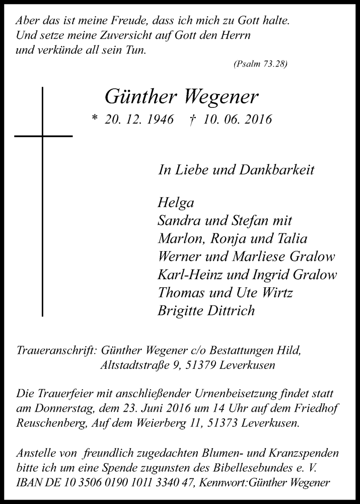  Traueranzeige für Günther Wegener vom 18.06.2016 aus Kölner Stadt-Anzeiger / Kölnische Rundschau / Express