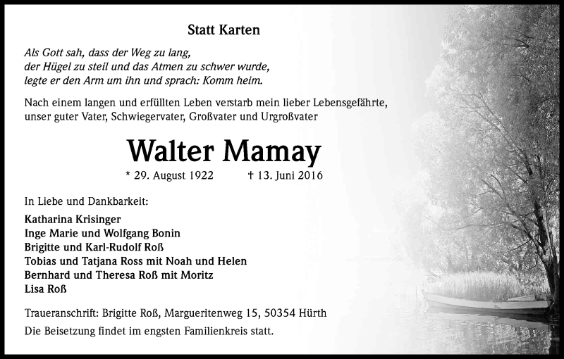  Traueranzeige für Walter Mamay vom 18.06.2016 aus Kölner Stadt-Anzeiger / Kölnische Rundschau / Express