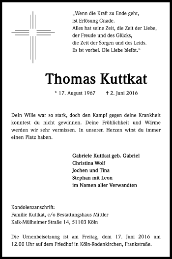 Anzeige von Thomas Kuttkat von Kölner Stadt-Anzeiger / Kölnische Rundschau / Express