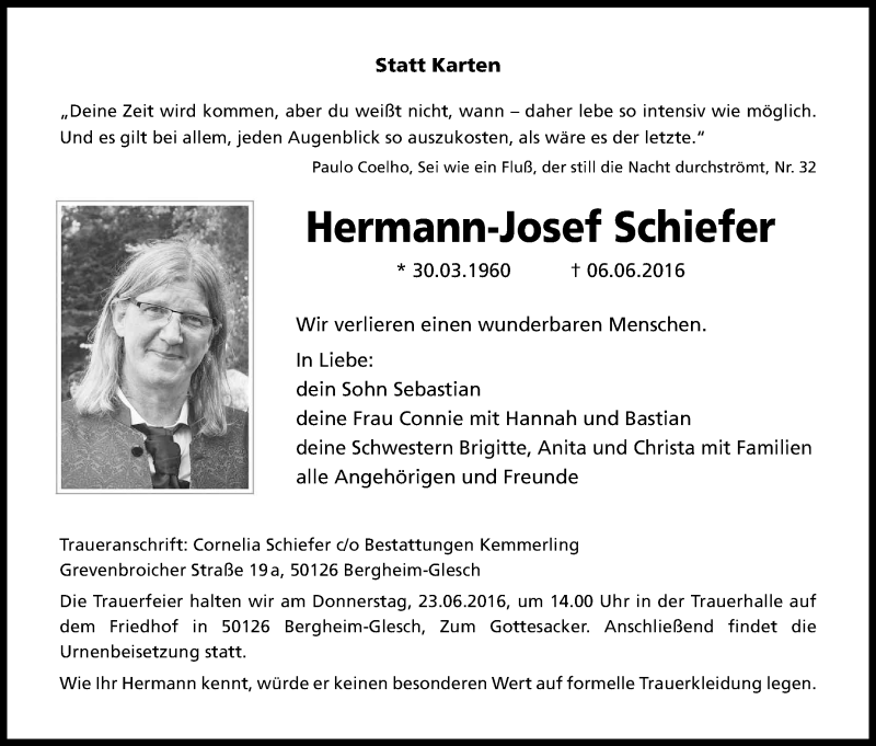 Traueranzeige für Hermann-Josef Schiefer vom 18.06.2016 aus Kölner Stadt-Anzeiger / Kölnische Rundschau / Express