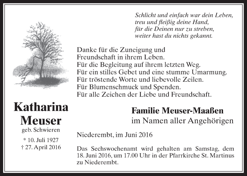  Traueranzeige für Katharina Meuser vom 15.06.2016 aus  Werbepost 