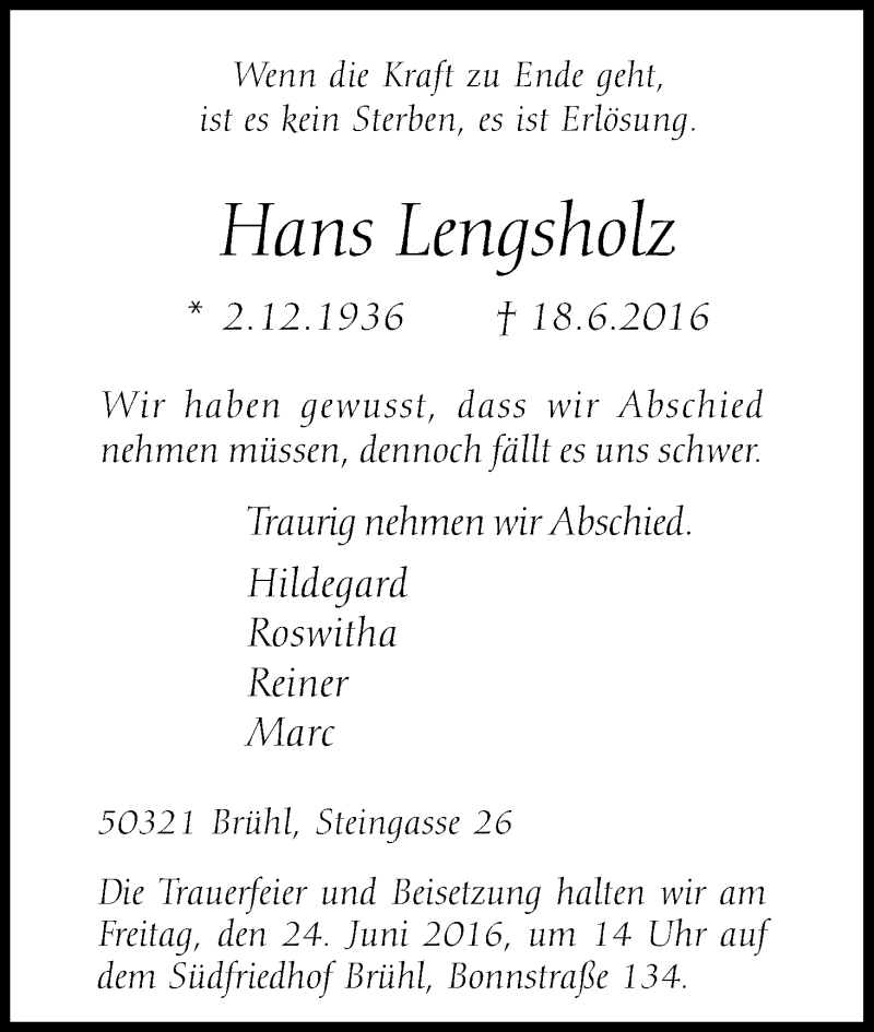  Traueranzeige für Hans Lengsholz vom 22.06.2016 aus Kölner Stadt-Anzeiger / Kölnische Rundschau / Express