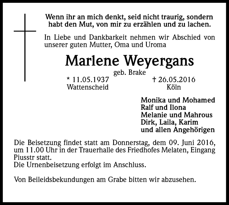  Traueranzeige für Marlene Weyergans vom 07.06.2016 aus Kölner Stadt-Anzeiger / Kölnische Rundschau / Express