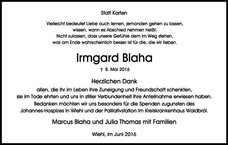  Traueranzeige für Irmgard Blaha vom 11.06.2016 aus Kölner Stadt-Anzeiger / Kölnische Rundschau / Express