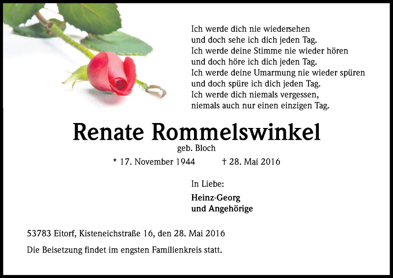  Traueranzeige für Renate Rommelswinkel vom 07.06.2016 aus Kölner Stadt-Anzeiger / Kölnische Rundschau / Express