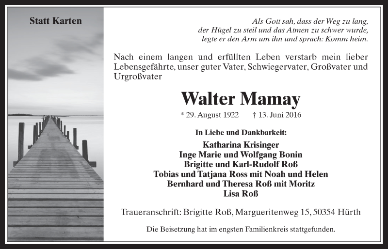  Traueranzeige für Walter Mamay vom 22.06.2016 aus  Wochenende 