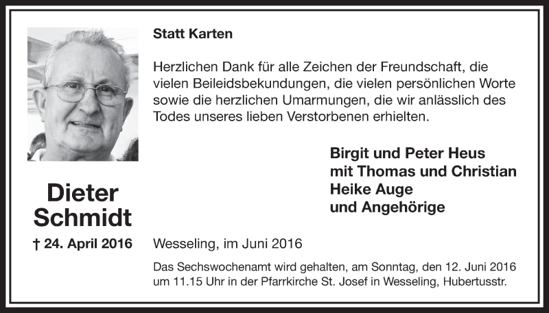  Traueranzeige für Dieter Schmidt vom 08.06.2016 aus  Schlossbote/Werbekurier 