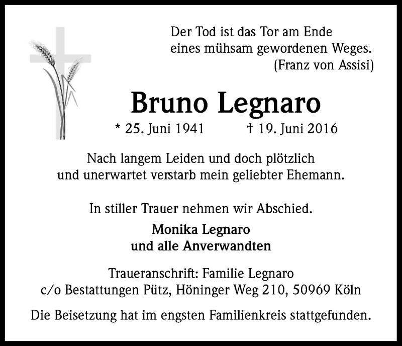  Traueranzeige für Bruno Legnaro vom 29.06.2016 aus Kölner Stadt-Anzeiger / Kölnische Rundschau / Express