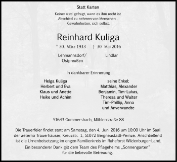Anzeige von Reinhard Kuliga von Kölner Stadt-Anzeiger / Kölnische Rundschau / Express