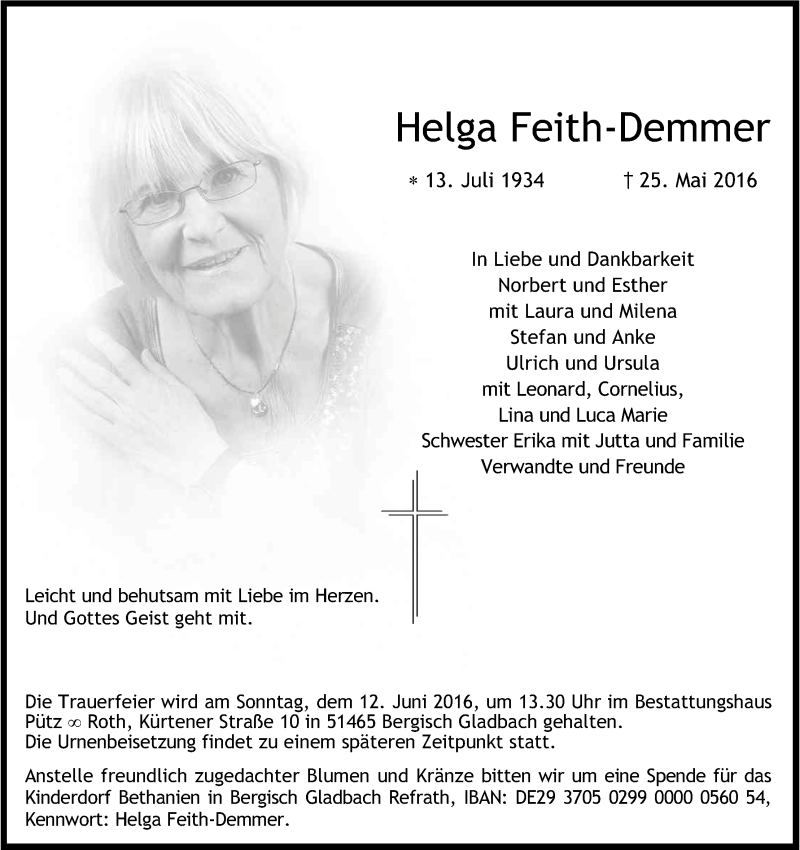  Traueranzeige für Helga Feith-Demmer vom 04.06.2016 aus Kölner Stadt-Anzeiger / Kölnische Rundschau / Express