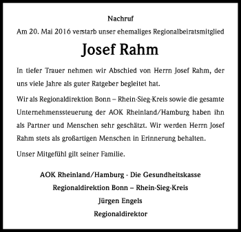 Anzeige von Josef Rahm von Kölner Stadt-Anzeiger / Kölnische Rundschau / Express